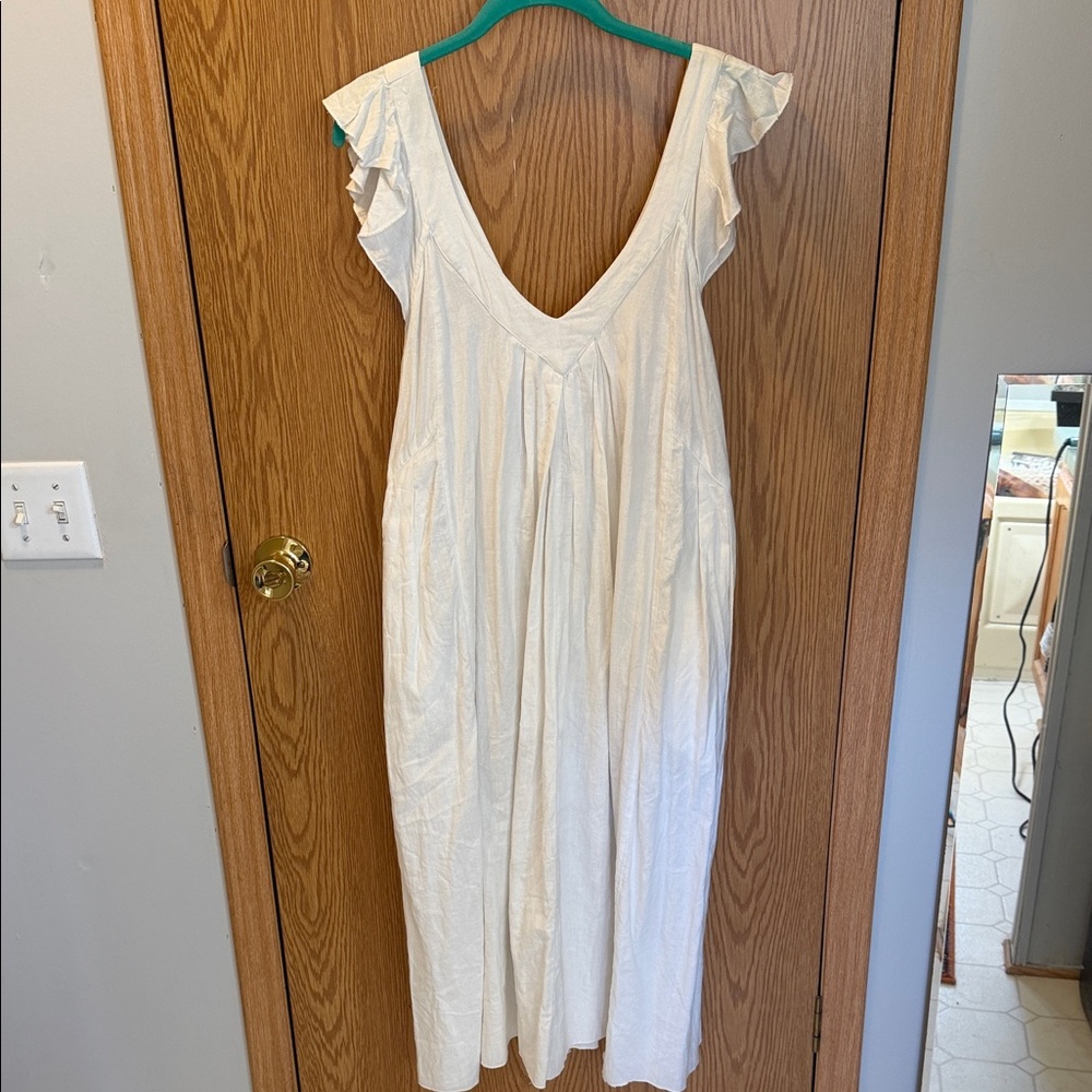 Free People Linen White Ruffle Sleeve Midi Dress